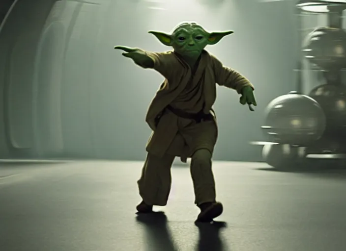 Image similar to film still of yoda uses the force to roll a bowling bowl down a lane in a bowling alley in the new Star Wars movie, 4k