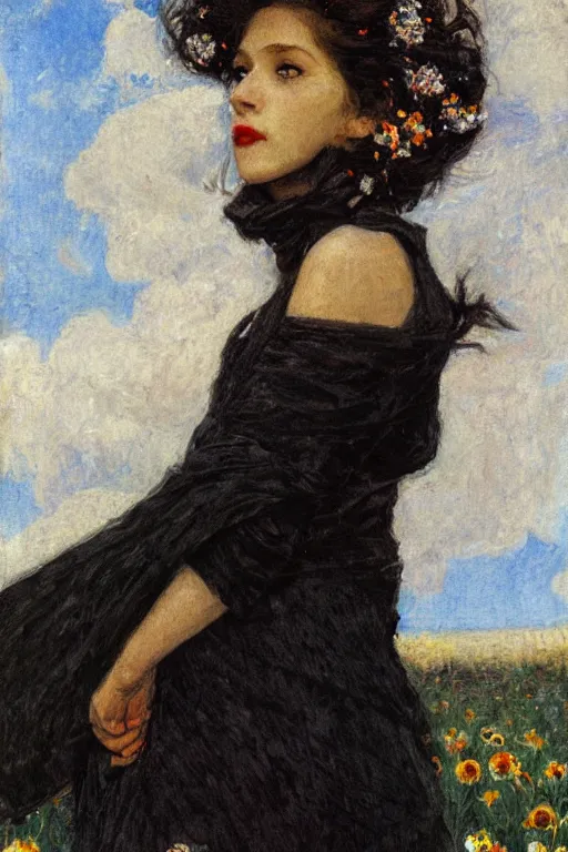 Image similar to close - up fashion black skin woman portrait airy flowers cloudy sky art by vasnetsov