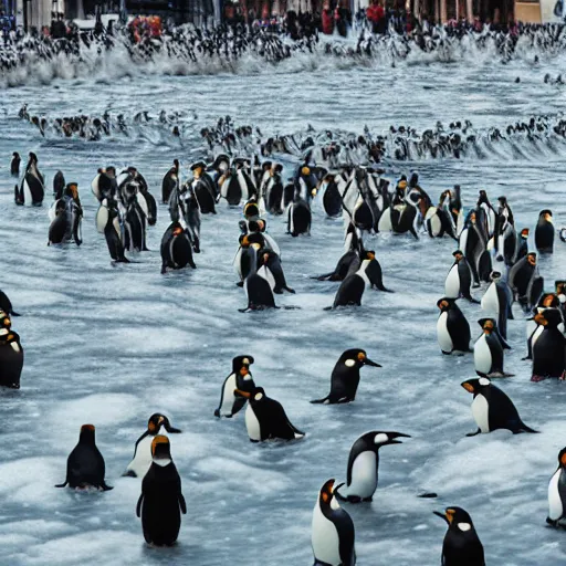 Prompt: Infinite amount of highly detailed Penguins invading the streets of Berlin, 4k, highly detailed, real life, dramatic, water flowing