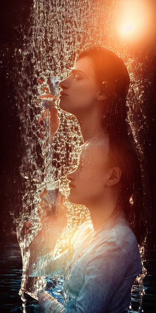 Image similar to portrait of woman drinking water during sunrise, sunrays, flowing fabrics, caustics, rippling water, photoshoot, flowing hair, haunting, iconic, fine-art, masterpiece, trending on artstation