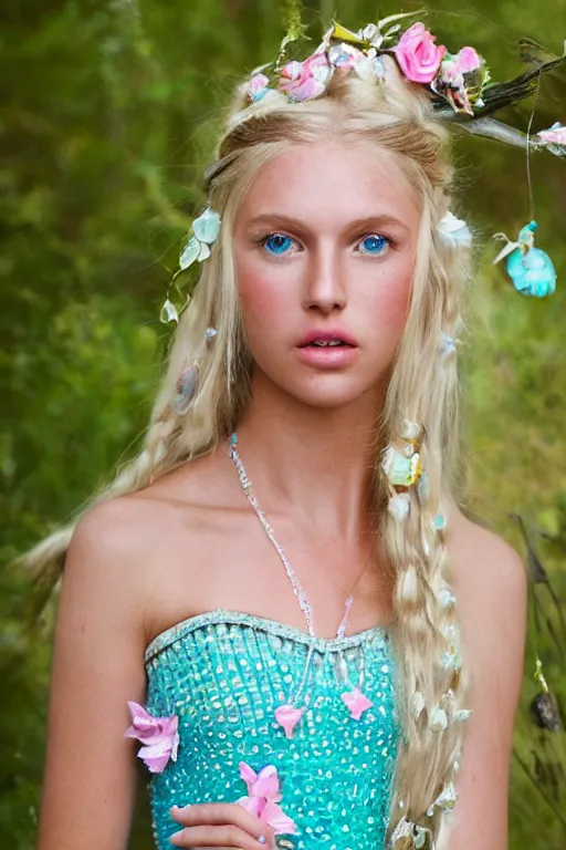 Image similar to a princess with long blonde hair and light blue eyes wearing a strapless elaborately beaded pink dress standing next to a green popup camping tent, high resolution film still, 8k, HDR color, film by Simon Langton and David Frankel, triangular face, very light freckles, round narrow chin, straight jawline, natural lips, high cheekbones, beautiful gazing eyes, green outdoor camping tent, pink tiara