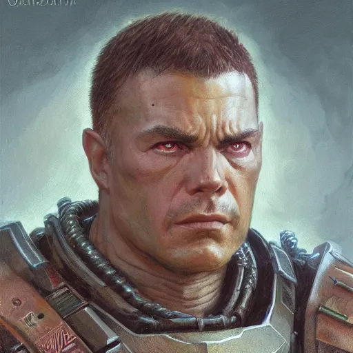 Image similar to the doomguy as a realistic d & d fantasy character, closeup portrait art by donato giancola and greg rutkowski, vintage retro, realistic face, digital art, trending on artstation, symmetry!!