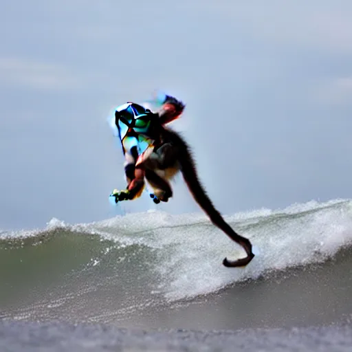 Prompt: baby monkey surfing big waves