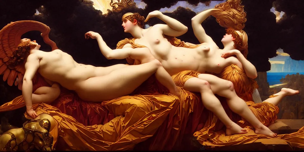 Image similar to greek mythology, an art deco painting by Frederic Leighton and Daniel Maclise and Rolf Armstrong and Evelyn De Morgan and Bastien Lecouffe-Deharme, dutch golden age, dramatic lighting, high contrast colors, baroque, empyrean, panoramic view, cgsociety, highly detailed, doom engine,