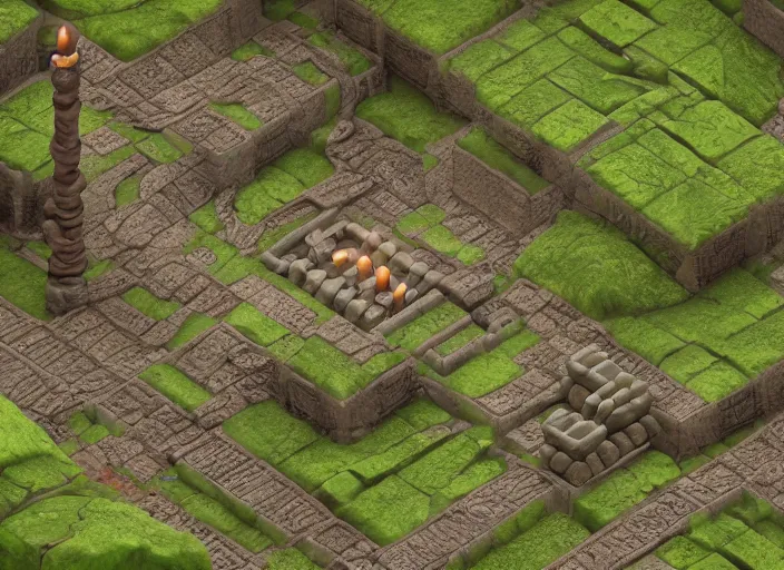 Image similar to An isometric render of an underground temple, barrels, torches, mossy, detailed, trending on Artstation