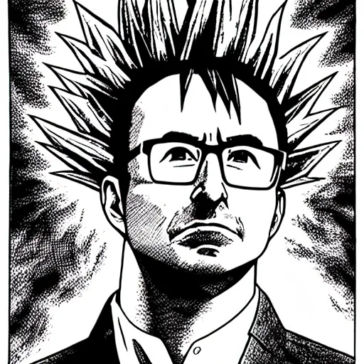 Prompt: John oliver in his super Saiyan god form, illustration in pen and ink, highly detailed, highly complex, award winning, black and white, art by Akira Toriyama
