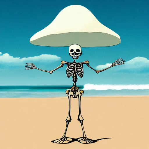 Image similar to relaxed skeleton walking on a tropical beach, nuclear mushroom cloud in the background, digital painting, high quality, trending on Artstation, realistic, tropical color scheme, anatomically correct skeleton, high coherence, clear blue sky