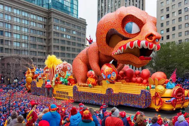 Image similar to photo of giant beautiful elaborate parade float designed by geoff darrow and wes anderson, in the macys parade, detailed 4 k photo