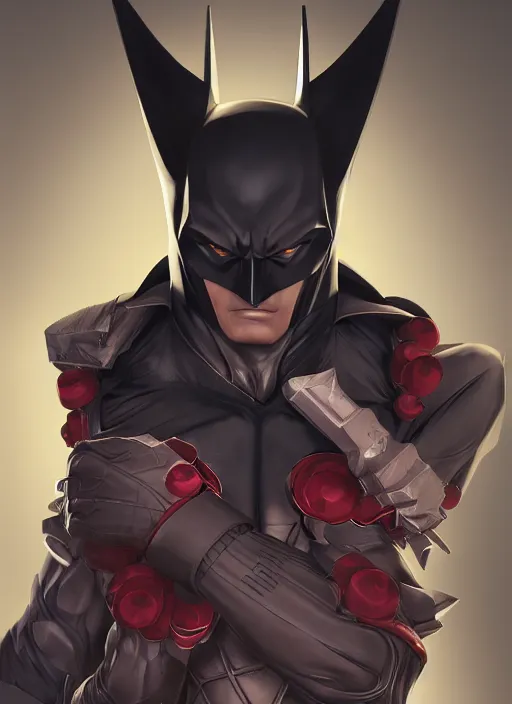 Image similar to sophisticated batman, from league of legends, light red, hyper detailed, digital art, trending in artstation, studio light, symmetrical, studio quality, smooth render, unreal engine 5 rendered, octane rendered, art style by jessica oyhenart and klimt and nixeu and ian sprigger and wlop and krenz cushart and deiv calviz