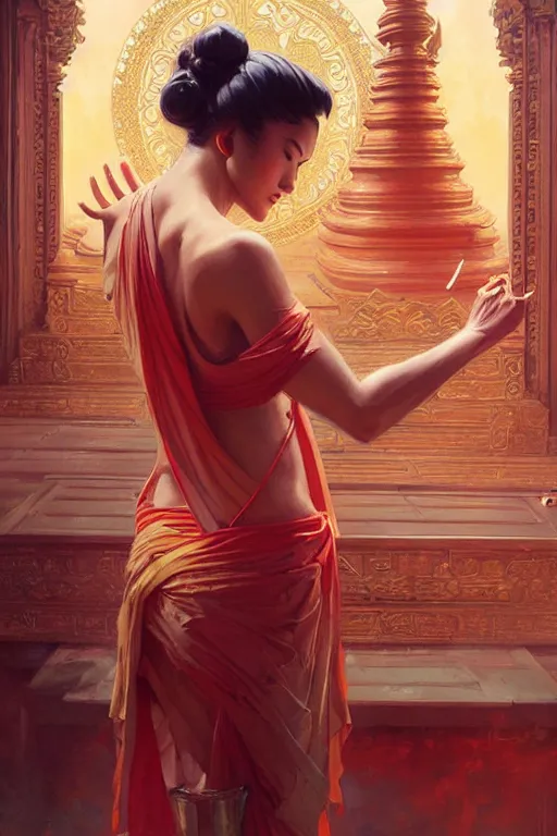 Image similar to temple, buddhism, impressionnisme, painting by greg rutkowski, j. c. leyendecker, artgerm