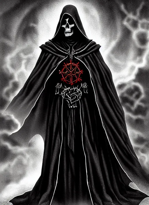 Image similar to ultradetailed artwork of the necromancer, wearing a black cloak, crisp