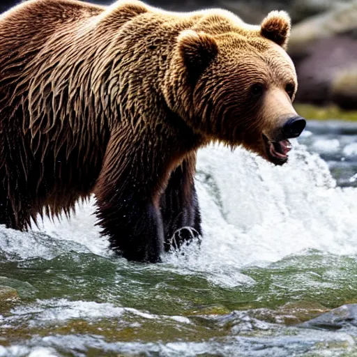 Image similar to a high quality photo closeup of a grizzly bear standing in a river. There is a salmon leaping in the air. the grizzly bear has its jaws open wide, trying to bite down and catch the salmon. Shallow depth of field.