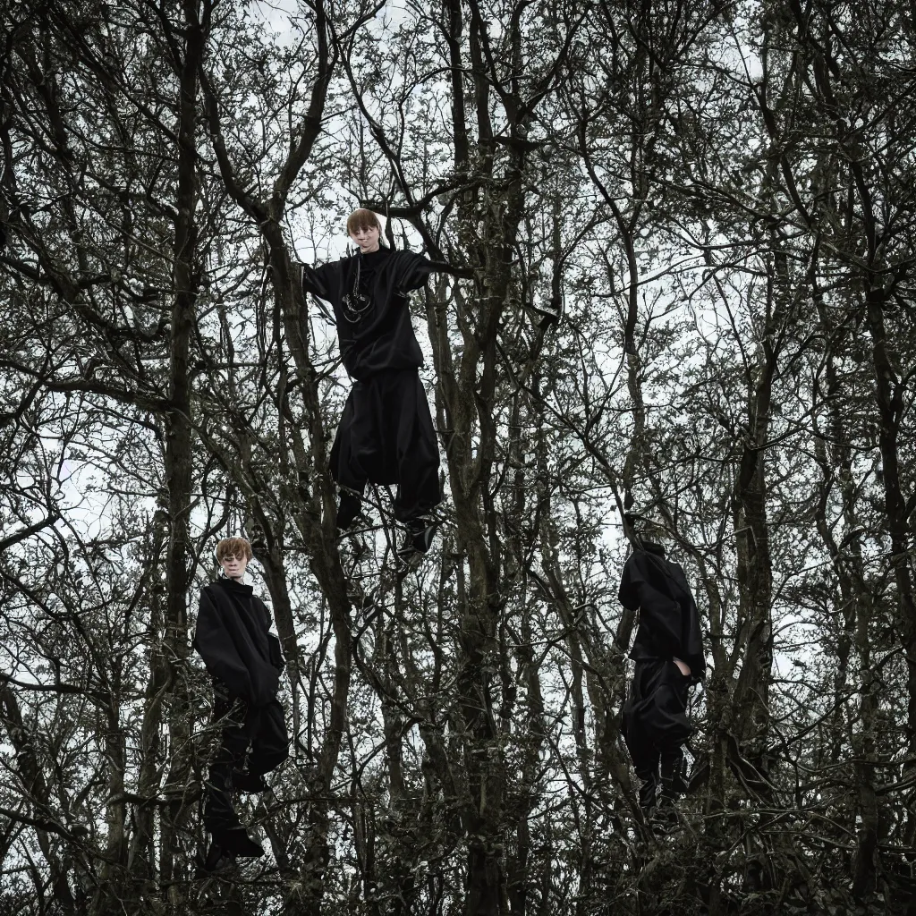 Image similar to cinematic still of bladee in dark forest, XF IQ4, f/1.4, ISO 200, 1/160s, 8K, RAW, dramatic lighting, symmetrical balance, in-frame