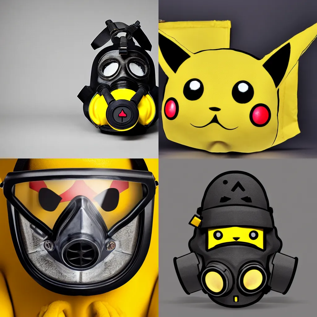 Prompt: pikachu gas mask, product photo, 4k, studio lighting