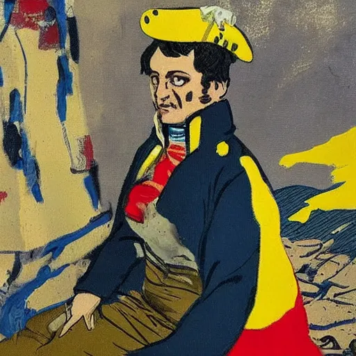 Prompt: Volodymyr Zelensky at war, dressed like Napoleon Bonaparte, his clothes are torn and dirty, he is sitting between dead corpses and weeping, holding a half burnt blue and yellow flag of Ukraine, in the style of Roy Lichtenstein