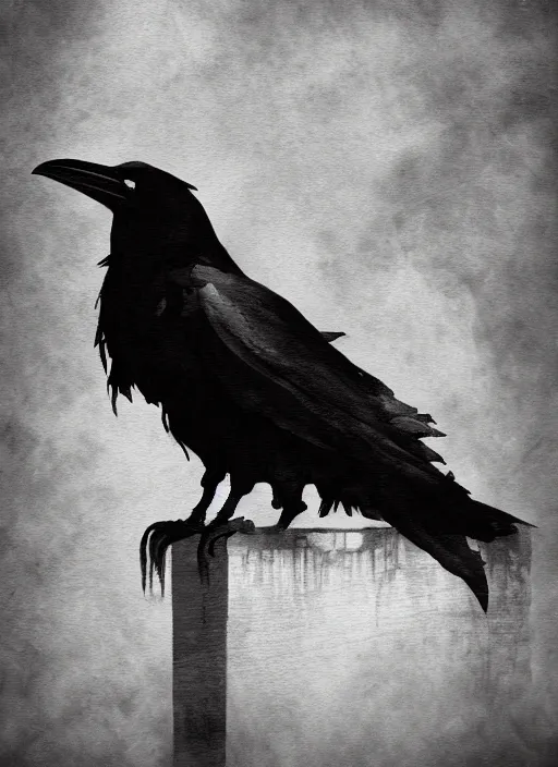 Image similar to a raven perched upon a windowsill at night in a gothic manor, black & white digital painting, trending on artstation