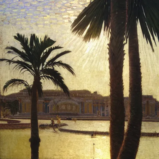 Image similar to a ultradetailed beautiful painting of the amazonas palace balustrade designed by jules bastien - lepage, hans belmer, frank weston and gustave baumann, beach, trending on artstation, mediterranean, palm trees, refracted color sparkles, sharp focus, soft light, 8 k 4 k