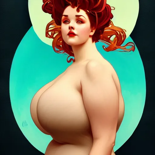 Prompt: curvy woman with a bundt cake as hair, digital art, cinematic, concept art, 8k, painting, imaginefx, cgsociety, art nouveau, Alphonse Mucha, trending on artstation, wide shot, full shot