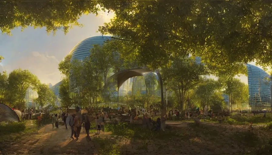 Prompt: city art of liberland with humongous green glass dome with forest inside and path around it and humongous futuristic glass buildings built in the horizon, sunset light, hyperdetailed, artstation, painting by gaston bussiere, craig mullins, j. c. leyendecker, 8 k