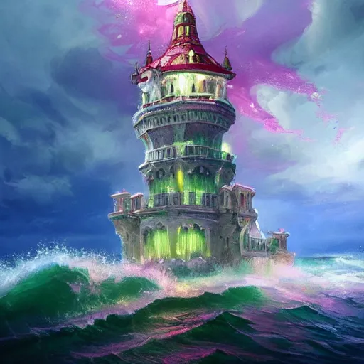 Image similar to a delicate ornate white fantasy tower with pink and green decoration splashes upwards from a turbulent ocean, dramatic lighting, rich colors, beautiful oil painting, artstation