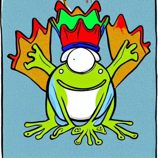 Prompt: cartoon frog wearing a crown, trading bitcoin