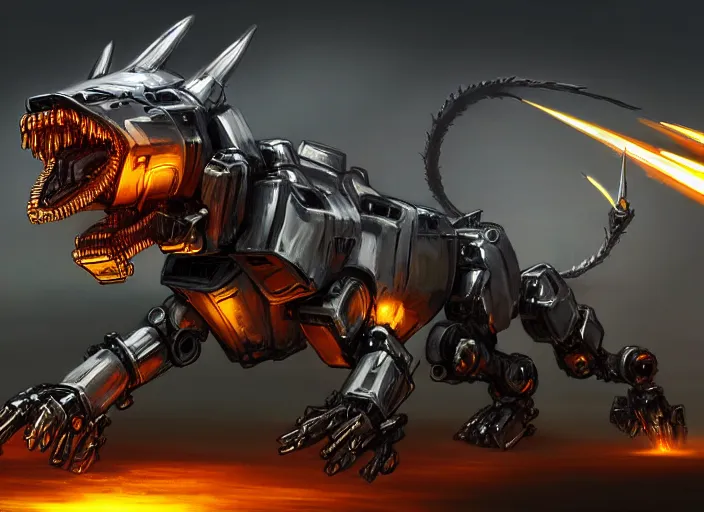 Image similar to hyper realistic, epic, highly detailed cinematic shot of a gigantic feral robot mecha canine, sharp dragon claws, detailed glowing head, metal ears, cannon mounted on back, sleek armor, glowing visor, detailed sharp claws, digital art, furry art, macro art, dragon art, furaffinity, deviantart, sofurry