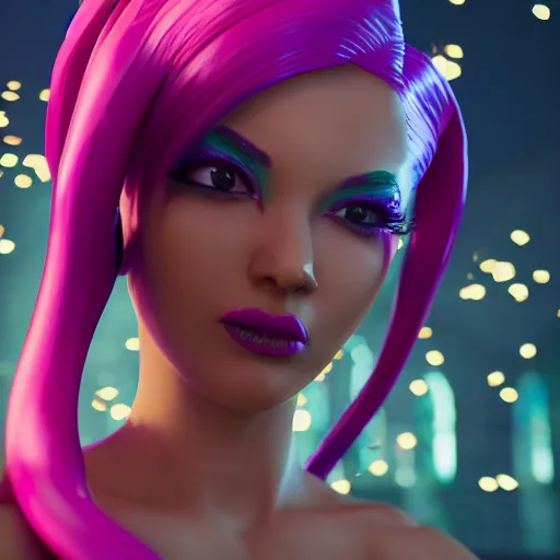 Image similar to still of pretty Jinx (Arcane) in KDA More music video. 3d render, octane render, game art, realistic, highly detailed, trending on artstation, 4k, trending on artstation, pixar, cgsociety, unreal engine 5, redshift render, trending on artstation, blender, behance, cg