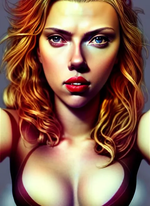 Image similar to full body gorgeous Scarlett Johansson, realistic character concept, arm tattoo sleeves, full body pose, autumn, makeup, shorter neck, illustration, symmetrical eyes and body, cinematic lighting, detailed realistic symmetrical eyes, artgerm, Joshua Middleton, single face, insanely detailed and intricate, beautiful