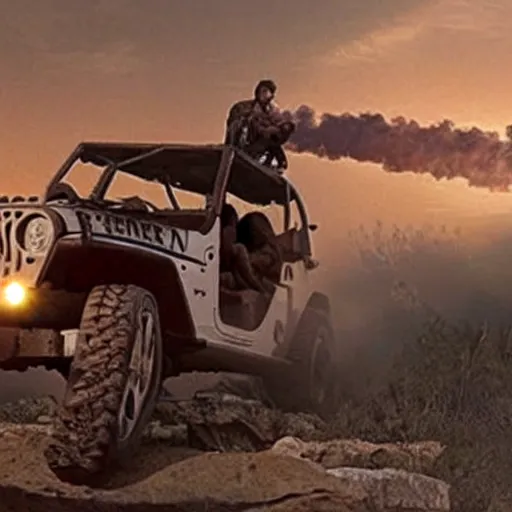 Image similar to jesus with a machine gun riding a jeep, explosions in the background