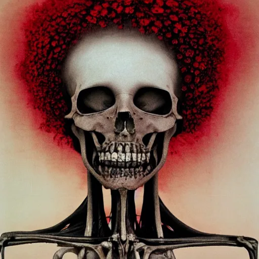 Image similar to portrait photo of a woman by Zdzislaw Beksinski, skeletal body, black eyes, red flowers wrapped around the body