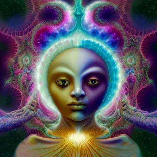 Image similar to obatala the cosmic god sitting in a cabana made of nebula clouds, by Adi granov and afarin sajedi and amanda sage and evgeni gordiets and Agostino Arrivabene in a psychedelic portrait style, ultrarealistic matte painting, volumetric lighting, fractal, extremely symmetrical, highly detailed face, orisha, 8k, hd