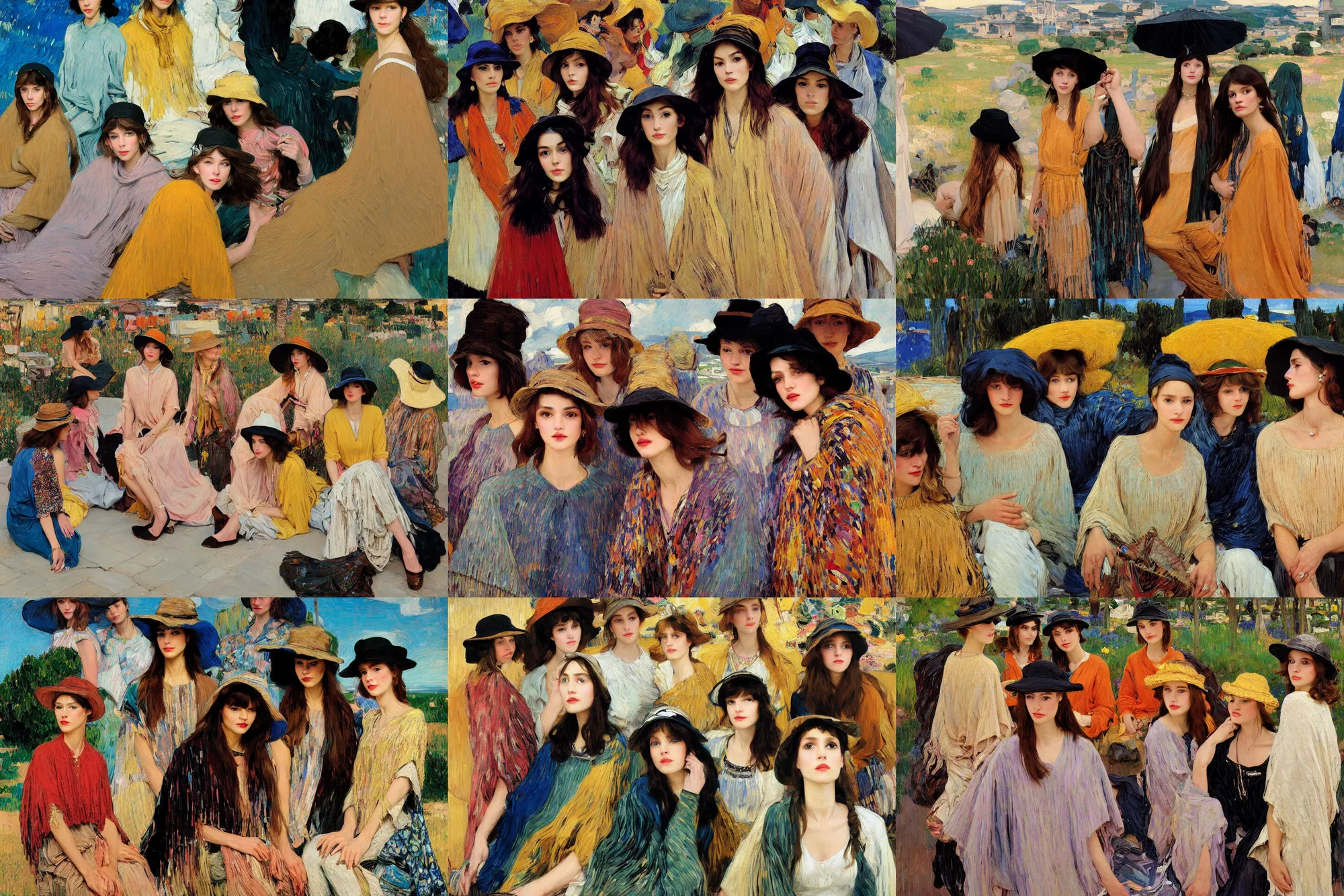 Prompt: portrait of group of fashionable young womans wearing rich jewerly hat and boho poncho, concrete hitech interior, 1970s fashion, sitting dynamic pose, Low poly, thunder clouds in the sky, artwork by Joaquin Sorolla and john william waterhouse and Denis Sarazhin and klimt and rhads and van gogh and Dean Ellis and Detmold Charles Maurice, levitation, industrial rusty pipes, simple form, brutal shapes