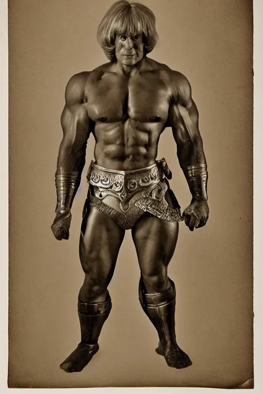 Image similar to he - man, portrait, full body, symmetrical features, silver iodide, 1 8 8 0 photograph, sepia tone, aged paper, master prime lenses, cinematic