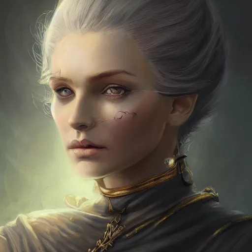 Image similar to a detailed matte head - on portrait painting of an middle - aged half - tiefling noblewoman with golden eyes and short well kept hair, by charlie bowater, lise deharme, wlop, tending on arstation, dungeons and dragon, dnd, pathfinder, fanart, oil on canvas