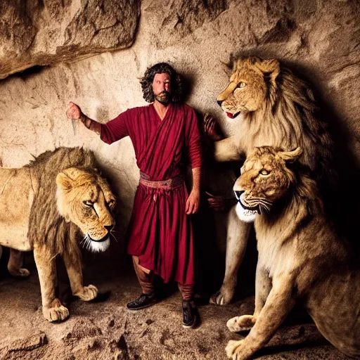 Image similar to dramatic film still of 3 5 year old man in ancient canaanite clothing surrounded by ferocious lions. cave interior background. directed by michael bay