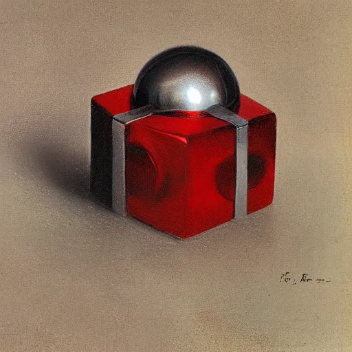 Prompt: chrome spheres on a red cube by karl bryullov