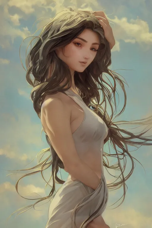 Image similar to full body windy hair zero gravity seductive meditation goddess in the style of artgerm, wlop, greg rutkowski, alphonse mucha and ayami kojima, realistic details, volumetric lighting, very very very very beautiful symmetrical face, trending on artstation, artstationhd, artstationhq, unreal engine, 4 k, 8 k