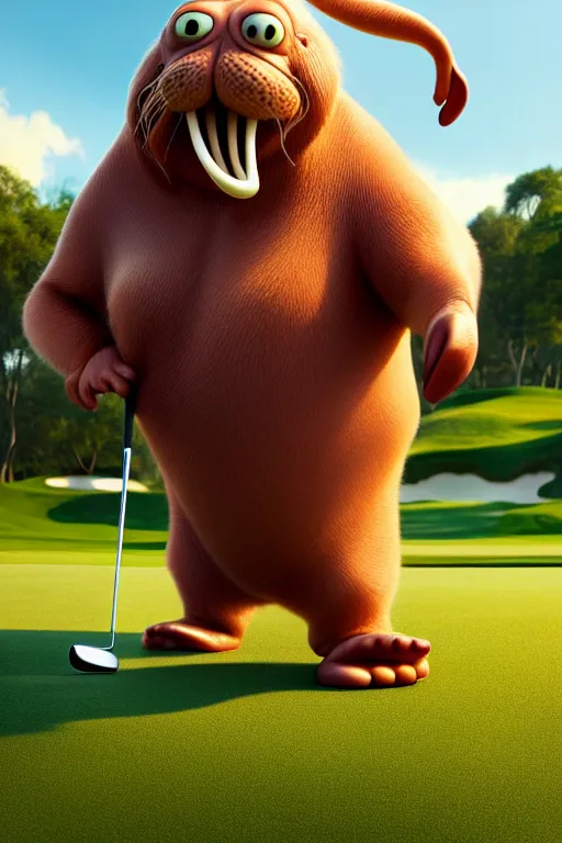 Image similar to pixar walrus playing golf | glamorous oily soft polished rich ornate modern | weta disney pixar movie still photo | hi - fructose, sci fi fantasy, smooth, octane render, sharp focus, artstation, concept art | artgerm, mucha, rutkowski, feng zhu, wlop, loish