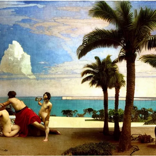 Prompt: The giant column, thunderstorm, greek pool, beach and palm trees on the background major arcana sky, by paul delaroche, alphonse mucha and arnold böcklin arnold böcklin hyperrealistic 8k, very detailed