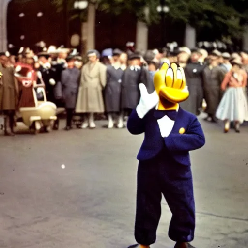 Image similar to historic colorized photograph of donald duck at a nazi parade in 1 9 3 6