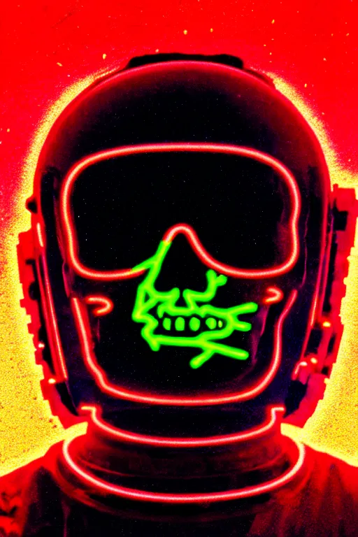 Image similar to astronaut with neon glowing skull 1 9 6 0 s color _ bleed _ video compression video glitch vhs footage akira kurosawa mamoru oshii wes anderson