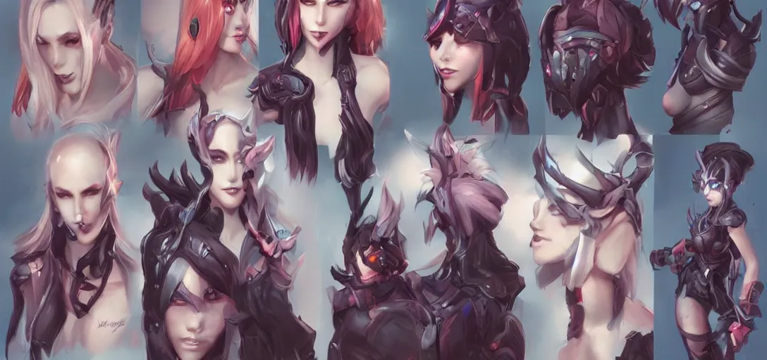 Image similar to concept art of female video game characters head designs, demonic, unique hairstyles, overwatch by marc brunet and artgerm