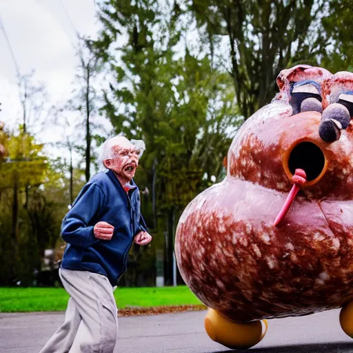 Image similar to An elderly man being chased by a sentient humanoid sausage, Canon EOS R3, f/1.4, ISO 200, 1/160s, 8K, RAW, unedited, symmetrical balance, in-frame