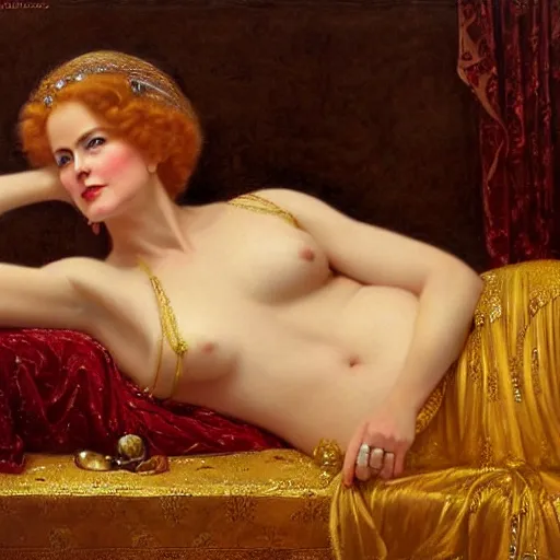 Image similar to beautiful_golden_portrait_of_a_Nicole_Kidman_a s_Grand Odalisque_intricate_oil_paintingby Jo hn_William_Godward_by_Anna_Dittman_by J-H 768-C9.0