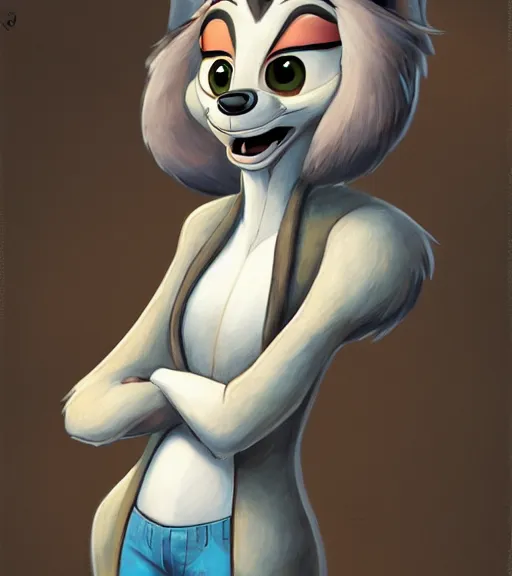 Image similar to oil painting of full body of anthromorphic female wolf, in style of zootopia, zootopia, zootopia, fursona, furry, furaffinity, 4 k, deviantart, furry art, fursona art, wearing black business suit, business suit, in style of zootopia, wolf fursona, cyberpunk, female, expressive detailed feminine face,