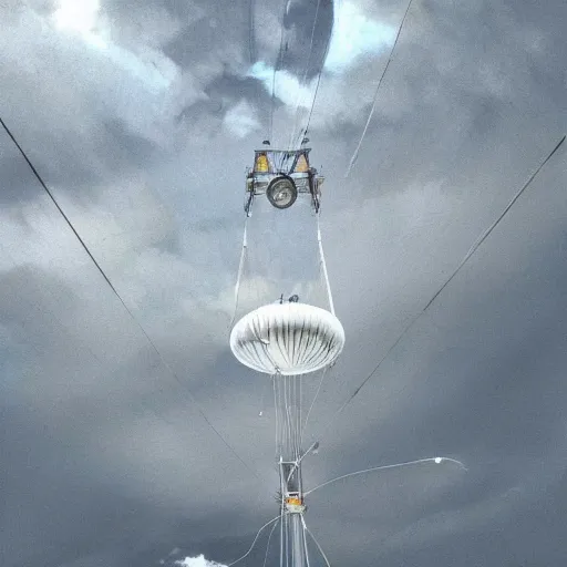 Image similar to an inflated stainless steel chrome gondola in the clouds, people are hanging by steel cables. Intricate technical drawing. Mammatus clouds. solarpunk