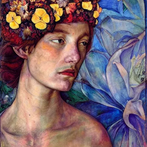 Image similar to flower queen, by annie swynnerton and tino rodriguez and nicholas roerich and lucien freud, dramatic lighting, floral tattoos, rich colors, smooth sharp focus, extremely detailed, adolf wolfli