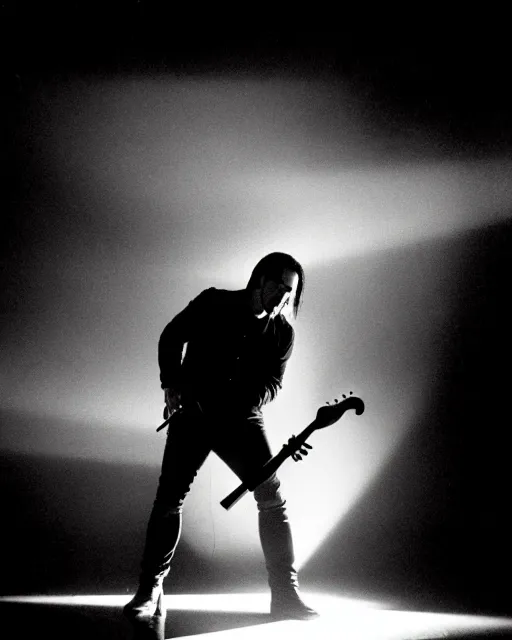 Prompt: trent reznor singer songwriter, ultrafine detail, chiaroscuro, ornate, poetic, translucent, artistic lithography, associated press photo, group playing instruments, smoke, colorful projections, light show