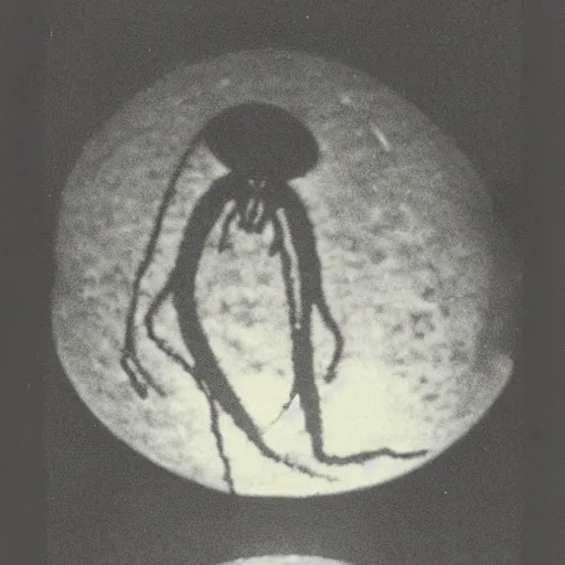 Image similar to an early 1 9 0 0 s photograph of an alien hatching from a levitating luminescent alien egg on the beach, moonlight, at nighttime,