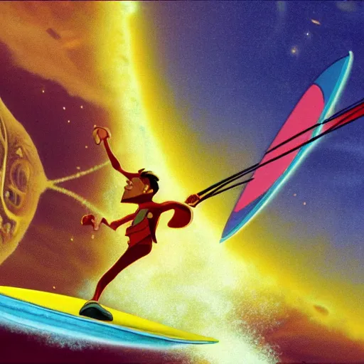 Image similar to the solar surfing scene from the move treasure planet